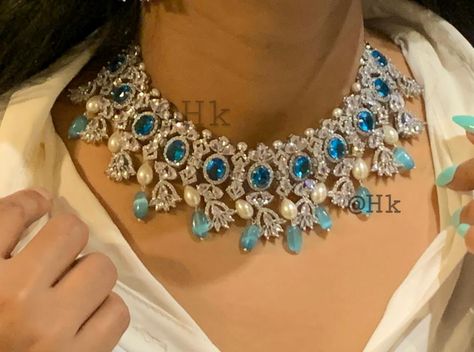 Blue Diamond Pearl, Sabyasachi Wedding, Ad Necklace Set, Earrings Combo, Diamond Necklace Indian, Engagement Necklace, Neck Pieces Jewelry, American Diamond Jewellery, American Diamond Necklaces