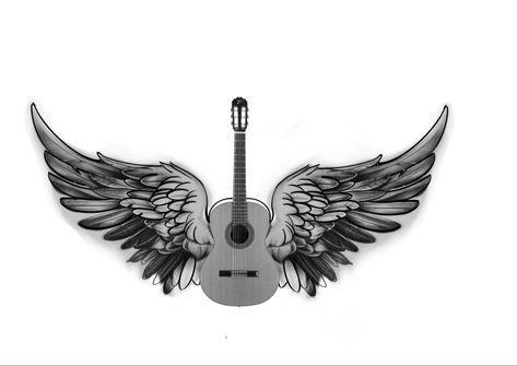 Guitar With Wings Tattoo, Music Tats, Grave Tattoo, Guitar Tattoo Design, Wood Burning Patterns Stencil, Tribute Tattoos, Guitar Tattoo, Angel Wings Tattoo, Cool Pencil Drawings