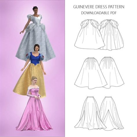 This sewing pattern is inspired by classic princesses such as Cinderella, Snow White, and Aurora.  To assemble the pattern, all you need to do is print out the PDF file in the standard A4 paper size or letter size paper and then align the cut on the edges of the pages, taping them together to form a complete pattern. It is important to note that only one PDF file must be printed, and the selection should be based on standard A4 or letter-size paper. Read the general information PDF carefully to ensure correct printing, and review the sewing instructions for further guidance. The pattern DOES NOT include a seam allowance. I have chosen not to include a seam allowance in the pattern to accommodate both imperial and metric system users among my customers. However, I have ensured that the patt Snow White Dress Pattern, Princess Peach Dress Pattern, Princess Skirt Pattern, Princess Dress Sewing Patterns, Princess Dress Pattern, Skirt Dress Pattern, Guinevere Dress, Princess Dress Patterns, Costume Sewing Patterns