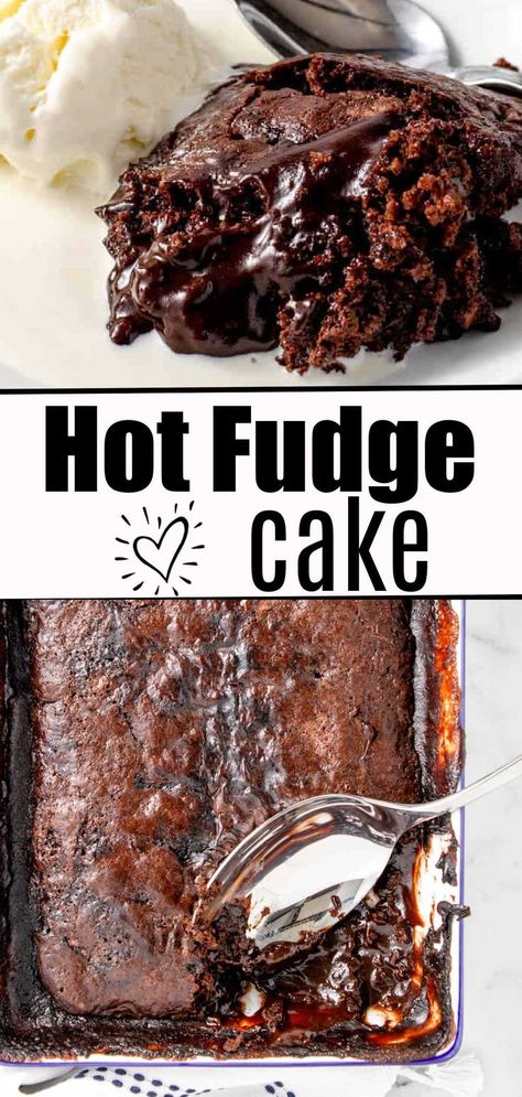 hot fudge cake image collage with text on image Hot Fudge Cake Recipe, Hot Fudge Pudding Cake Recipe, Easy Hot Fudge, Hot Fudge Pudding Cake, Hot Fudge Pudding, Fudge Pudding Cake, Chocolate Pudding Cake Recipe, Fudge Pudding, Chocolate Fudge Cake Recipe