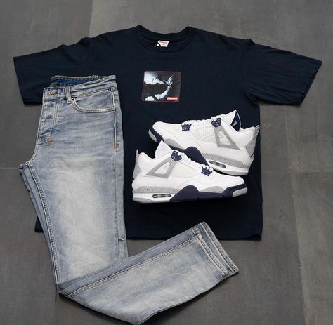 Midnight Navy Jordan 4, Air Jordan Outfit, Guys Fashion Swag, Pikachu Hoodie, Ksubi Jeans, Party Outfit Men, Drippy Outfit, Hype Clothing, Dope Fits