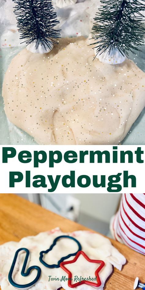 Taste Safe Gingerbread Play Dough, Winter Scented Playdough, Christmas Play Dough Recipe, Christmas Tree Playdough, Winter Playdough Kit, Holiday Food Activities For Kids, Peppermint Playdough Recipe, Homemade Christmas Playdough, Christmas Playdough Ideas