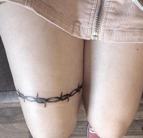 Bob Wire Tattoos For Women, Garter Style Tattoo, Barbed Wire Wrap Tattoo, Barbed Wire Garter Tattoo, Barb Wire Tattoo Around Leg, Barb Wire Tattoo Around Thigh, Barbed Wire Hip Tattoo, Barbwire Wrap Around Tattoo, Thigh Barb Wire Tattoo