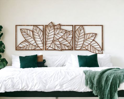 "🌿 Welcome to our exquisite 3 Piece Macrame Leaf Wall Decor Collection! 🌿 Enhance your living space with the natural beauty and elegance of these hand-stained macrame leaf wall pieces. Crafted with love and attention to detail, each set is a unique masterpiece, highlighting the intricate patterns created by the natural grain in the 1/4\" birch wood. CHECK OUT OUR OTHER LISTINGS FOR MORE WALL DECOR: https://polyknack.etsy.com 🌟 Key Features: 🌟 ✨ Artisan Craftsmanship: Our talented artisans ca Bed Wall Art, Above Bed Wall, Leaf Wall Hanging, Above Bed Wall Art, Asymmetrical Wall, Macrame Leaf, Bed Wall Decor, Over The Couch, Over The Bed