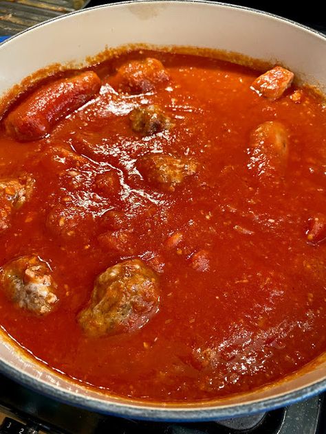 The World Famous “Sunday Sauce” Italian Sunday Sauce Recipes, Pork Spaghetti Sauce, Italian Sauce Recipes Sunday Gravy, Sunday Sauce Italian Crockpot, Meatballs And Sausage In Sauce, Italian Sausage Spaghetti Sauce, Nonnas Italian Recipes, Sunday Gravy Recipe Italian, Sunday Sauce Italian