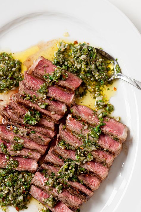 Flat Iron Steak Recipes, Steak With Chimichurri Sauce, New York Strip Steak, Salsa Verde Recipe, Ny Strip Steak, Rare Steak, Flat Iron Steak, Chimichurri Sauce, Bobby Flay