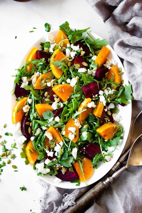 Roasted Beet & Butternut Squash Salad - Pass Me Some Tasty Squash And Beet Salad, Beetroot And Butternut Salad, Beet Butternut Squash, Beetroot And Feta Salad, Beautiful Salads, Garlic Vinaigrette, Butternut Recipes, Butternut Squash Salad, Simple Lunch