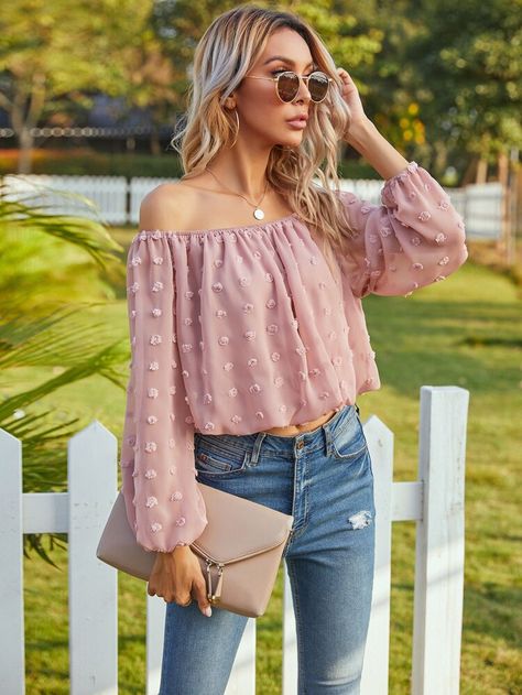 Free Returns ✓ Free Shipping On Orders $49+ ✓. Chiffon Swiss Dot Bishop Sleeve Bardot Blouse- Blouses at SHEIN. Bardot Blouse, Swiss Dot Blouse, Ladies Chiffon Shirts, Shirt Blouses Women's, Bishop Sleeve, Chiffon Long Sleeve, Selling Clothes, Swiss Dot, Chiffon Shirt