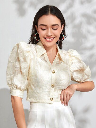 SHEIN Jacquard Puff Sleeve Shirt Without Camisole | SHEIN USA Crop Shirts For Women, Puff Blouse, Mother Of The Bride Gown, Puff Sleeve Shirt, Half Shirts, Fashion Tops Blouse, Trendy Fashion Tops, Steampunk Clothing, Elegant Blouses