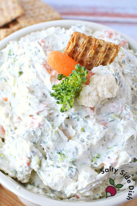 Cream Cheese Veggie Dip: Time to Get Dipping! | Salty Side Dish Sour Cream Veggie Dip, Cream Cheese Veggie Dip, Knorr Vegetable Dip, Veggie Dip Recipe, Salty Side Dish, Cream Cheese Recipes Dip, Cracker Dip, Vegetable Dips, Vegetable Dip