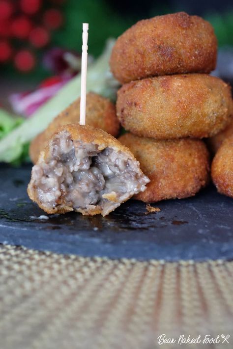 bear naked food mushroom croquette Chicken Croquettes Recipe, Mushroom Bites, Cocktail Appetizer, Mushroom Side Dishes, Chicken Croquettes, Croquettes Recipe, Truffle Mushroom, Cocktail Appetizers, Tapas Recipes