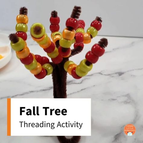 Fall tree threading activity. This is an easy fine motor activity for toddlers and preschoolers to try. Perfect for a Fall / Autumn theme in your early... | By Taming Little Monsters | Facebook Leaf Circle Time Activities, Tree Fine Motor Activities, Fall Scissor Practice Preschool, Autumn Threading Activities, Autumn Gross Motor Activities, Fall Themed Gross Motor Activities, Fall Tree Fine Motor Activity, Senses Preschool, October Activities