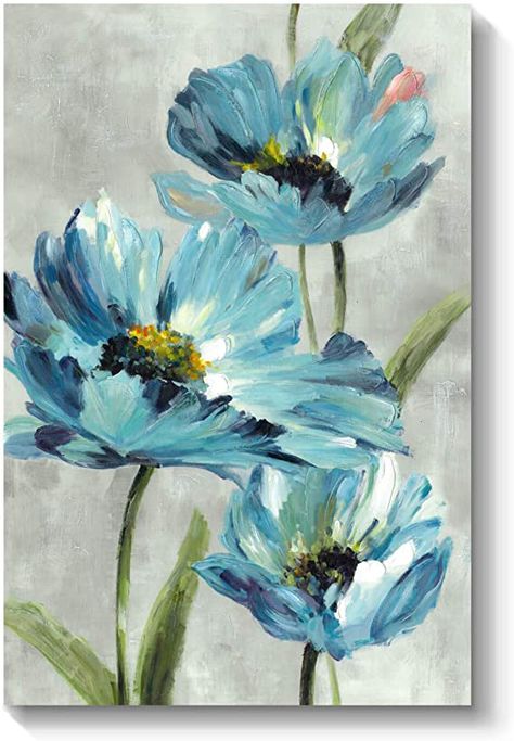 Acrylic Paint, Blue Flowers, Paint, Wall Art, Canvas, Flowers, Wall, Green, Blue