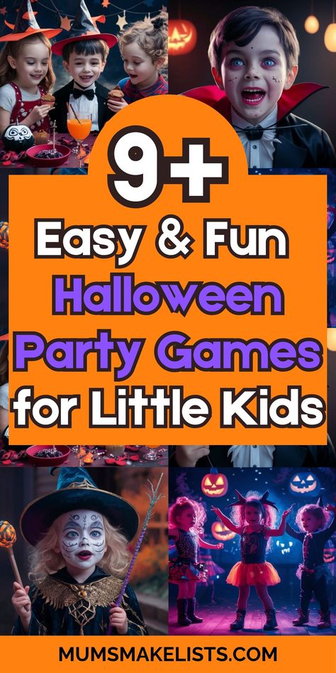 Check out these 9+ Halloween games for kids that are both fun and easy to play. Perfect for parties, these games will make your Halloween celebration a hit! halloween party games for young kids, kids halloween party games for toddlers, halloween class party games kindergarten kids #HalloweenGamesForKids #FunHalloweenGames #EasyHalloweenGames Halloween Class Party Games Kindergarten Kids, Monster Party Games For Kids, Games For A Group Of Kids, Halloween Class Games First Grade, Halloween Children’s Games, Kid Games For Halloween Party, Halloween Games For Prek, Little Kid Halloween Party, Kindergarten Halloween Party Games