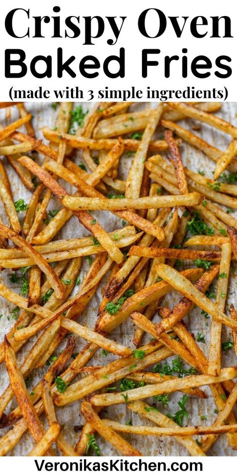 Thin baked fries on parchment paper. Homemade French Fries In Oven, Baked Fries Recipe, French Fry Recipe Baked, Oven French Fries, Baked Bbq Chicken Thighs, Yummy Potatoes, Oven Baked French Fries, Gravy Casserole, Side Ideas