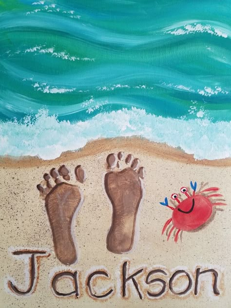 Beach Crafts For Kids, Footprint Crafts, Footprint Art, Ocean Crafts, Puppy Chow, Daycare Crafts, Beach Canvas, Handprint Art, Toddler Art