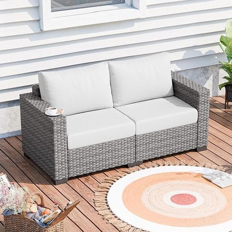 Amazon.com: ABCASA Patio Loveseat,Outdoor Couch Small Patio Furniture,Wicker Outdoor Sofa for Garden,Poolside,Backyard,Porch,Deck,4.72'' Thick Cushions,Grey : Patio, Lawn & Garden Outdoor Loveseat With Ottoman, Patio Furniture Wicker, Small Patio Furniture, Grey Patio, Patio Loveseat, Porch Deck, Outdoor Couch, Wicker Patio Furniture, Backyard Porch