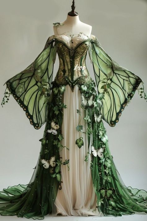 Fairy Inspired Outfit Aesthetic, Fae Ball Dress, Nature Themed Dress, Butterfly Dress Gowns, Green Fantasy Gown, Fantasy Aesthetic Outfits, Enchanted Forest Gown, Fairy Outfit Ideas, Plant Dress