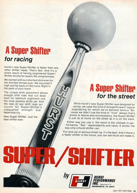 1971 Hurst Super Shifter Advertising Hot Rod Magazine July 1971 | by SenseiAlan Retro Advertisements, Hurst Shifter, Automobile Advertising, Vintage Muscle Cars, Buy Car, Car For Sale, Car Advertising, Old Ads, Hot Rods Cars