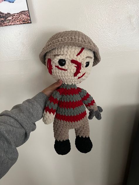 Hand crocheted Freddy Krueger horror character Freddy Krueger Crochet Pattern, Horror Dolls, Crochet Pieces, Boo Basket, Halloween Crochet Patterns, Fun Crochet, Crochet Fall, Quick Crochet, Fun Crochet Projects