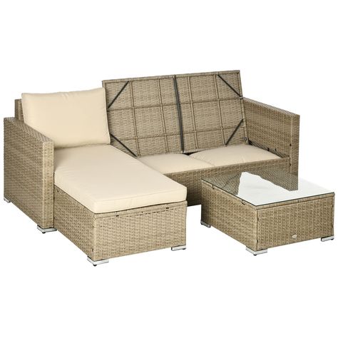 PRICES MAY VARY. Three-Piece Sofa Set: Experience the epitome of outdoor relaxation with our rattan patio furniture collection. Our L-shaped sectional set includes a chaise lounge chair, a cozy loveseat with secret storage, and a stylish outdoor coffee table. Unwind and savor the comforts of indoor relaxation in an outdoor setting. Outdoor Coffee Table: Our sectional patio furniture set offers a versatile sofa table designed to provide an outdoor surface for drinks, snacks, magazines, your phone Deck Furniture Layout, Sofa Table Design, Small Patio Furniture, Outdoor Sectional Furniture, Sectional Patio Furniture, Conversation Sofa, Rattan Patio Furniture, Patio Couch, Sectional Furniture