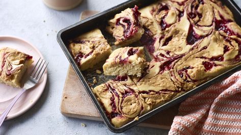 Nadiya's peanut butter and jelly traybake recipe - BBC Food Nadiya Hussain Recipes, Nadiya Hussain, Tray Bake Recipes, Tray Bake, Bbc Food, Bake Recipes, Peanut Butter And Jelly, Peanut Butter Jelly, Cake Bars