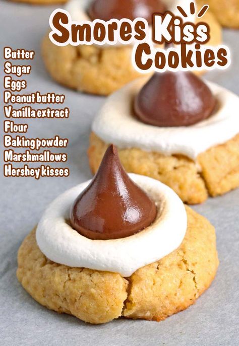 Hershey S'mores Kiss Cookies - Sugar Apron Hershey Kiss Sugar Cookies, Thumbprint Cookies Hershey Kiss, Cookies Thumbprint, Kiss Cookie Recipe, Hershey Kiss Cookies, Christmas Baking Cookies, Kiss Cookies, Smores Cookies, Hershey Kiss