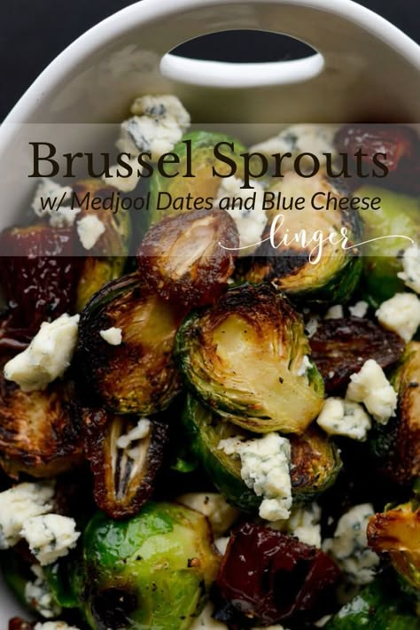 Learn how to cook pan roasted Brussel Sprouts to a perfect tenderness. This recipe is both healthy and easy. Medjool dates and blue cheese add flavor and texture to this side dish. #brusselsprouts  #sidedishes Brussel Sprout Recipes With Dates, Cooking Dates Recipes, Recipes With Dates Dinner, Medjool Date Recipes Savory, Date Recipes Medjool Dinner, Date Recipes Medjool Savory, Date Recipes Medjool, Blue Cheese Stuffed Dates, Dates Medjool