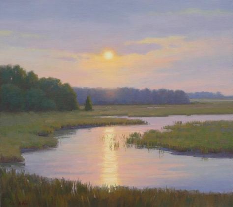 Peaceful Evening, oil on linen, 20 x 22 inches, $6,400 Peaceful Landscape Painting, Landspace Painting, Peaceful Paintings, Pastel Landscapes, Plains Landscape, Evening Landscape, Peaceful Evening, Coastal Artwork, Canvas Landscape