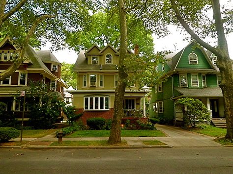 Houses and a tree in Ditmas Park. Wondering if Ditmas Park is right for you? Find out at http://relocality.com, the neighborhood matching engine. Vintage Neighborhood Aesthetic, Neighborhood With Trees, 1950s Neighborhood Aesthetic, New York Suburbs Houses, Cute Neighborhood Houses, 1950s Neighborhood, New York Houses, American Neighborhood, Neighborhood Houses