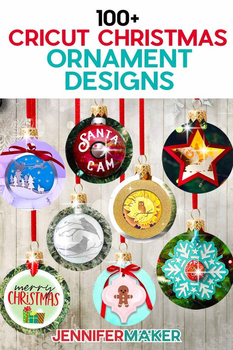 Cricut Christmas Ornaments: 100+ DIY Ideas to Make! - Jennifer Maker Sublimation Ornaments Diy, Jennifer Maker, Painted Wine Glasses Christmas, Advent Calendar Diy, Cricut Projects Christmas, Vinyl Ornaments, Cricut Ornaments, Floating Ornaments, Cricut Christmas Ideas