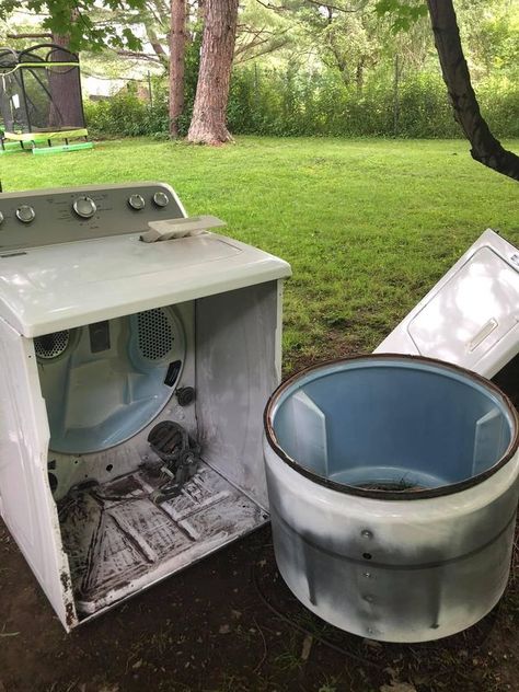 Recycle, Reuse and Repurpose! | I think I saw a post earlier about using an old washer tub for a fire pit | Facebook Old Dryer Repurpose, Old Wash Tub Ideas, Well Pressure Tank, Burn Barrel, Barrel Ideas, Tub Ideas, Wash Tubs, Firepit, Wishing Well