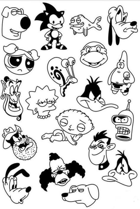 Tato Flash, Tato Minimal, Pola Tato, Cartoon Character Tattoos, Tato Lengan, Flash Tattoo Designs, Tattoo Flash Sheet, Doodle Tattoo, Black And White Cartoon