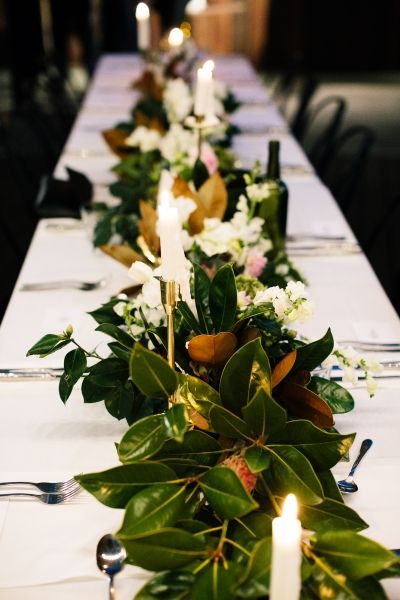 Magnolia Leaves Table Decor, Magnolia Leaves Table Runner, Magnolia Greenery Wedding, Wedding Magnolia Flowers, Leg Tattoo Men Maori, Magnolia Wedding Decor, Magnolia Wedding Centerpieces, Magnolia Centerpiece Wedding, Rehearsal Dinner Table Decorations Ideas