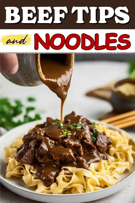 Beef tips and noodles is a budget-friendly weeknight hero! Featuring tender beef, savory gravy, and buttery egg noodles, it’s the perfect family-friendly dinner. Best Ever Beef Tips Recipe, Beef And Noodles Over Mashed Potatoes Crockpot, Egg Noodles And Beef Tips, Egg Noodle And Beef Recipes, Oven Beef And Noodles, Best Dinner Recipes Ever Beef, Best Beef Dinner Recipes, Easy Meal Recipes Dinners, Food For The Family