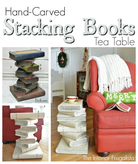 Hand carved stacking books table before and after | The Interior Frugalista Stacking Books, Books Table, Bedroom Makeover Before And After, Stacked Books, Book Lamp, Library Furniture, Book Table, Diy Furniture Bedroom, Bedroom Remodel