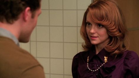 Emma Pillsbury, Jayma Mays, Heather Morris, Glee Fashion, Sweater Clips, Surprise Surprise, Celebrity Singers, Sweater Clip, Ruffled Blouse