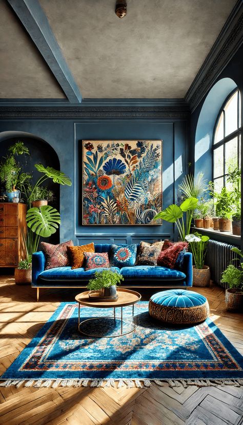 15 Blue Boho Living Rooms Boho Bold Living Room, Navy Blue And Turquoise Living Room, Maximalist Blue Living Room, Persian Blue Aesthetic, Blue And Green Boho Living Room, Eclectic Blue Living Room, Blue Couch Styling, Styles Of Decorating Interior Design, Blue Boho Room