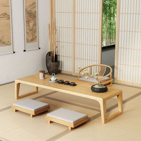 Japanese Low Table, Japanese Dining Table, Floor Dining, Host Chairs, Japanese Dining, Particle Wood, Home Library Design, Low Table, Library Design