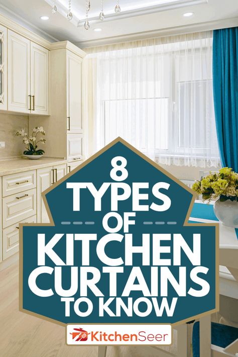 8 Types of Kitchen Curtains and what you should know about them By KitchenSeer Drapes For Kitchen, Curtains For Large Kitchen Window, Kitchens With Curtains, How To Hang Kitchen Curtains, Large Kitchen Window Curtain Ideas, Kitchen Curtain Ideas Modern Window, Long Curtains In Kitchen, Long Kitchen Curtains, Large Kitchen Window Over Sink Curtains