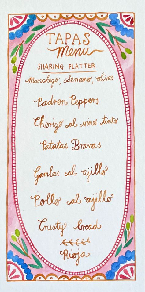 Custom painted wedding menu watercolour Spanish menu Lavish Party, Spanish Dinner, Diner Menu, Tapas Menu, Menue Design, Dinner Party Summer, Dinner Party Menu, Spanish Tapas, Wedding Menu Cards