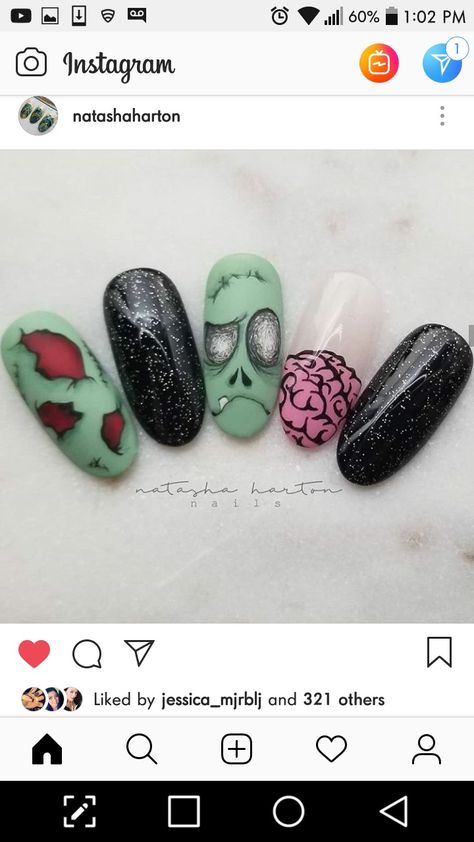 Halloween Nails Gory, Frankenstein Nail Art, Nails Design Tutorial, Halloween Nails Inspo, Scary Nail Art, Best Fall Nails, Fall Nails Design, Spooky Halloween Nails, Halloween Nails Ideas