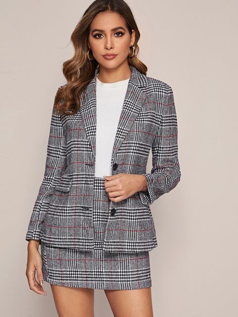 Plaid Skirt And Blazer, Plaid Blazer Outfit, Blazer Outfit Ideas, Plaid Bodycon Dress, Blazer And Skirt Set, Perfect Fall Outfit, Single Breasted Blazer, Teen Girl Dresses, Dresses Casual Fall