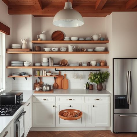 A stylish kitchen featuring open shelving that displays neatly arranged dishes, cookbooks, and decorative items, creating a personalized and airy kitchen design with a touch of warmth. Open Shelves Kitchen Sink, Open Shelving Above Sink, Open Kitchen Shelves Decor, Shelf Over Sink, Styling Open Kitchen Shelves, Open Shelf Kitchen, Open Shelving Kitchen Ideas, Display Dishes, Hanging Kitchen Cabinets