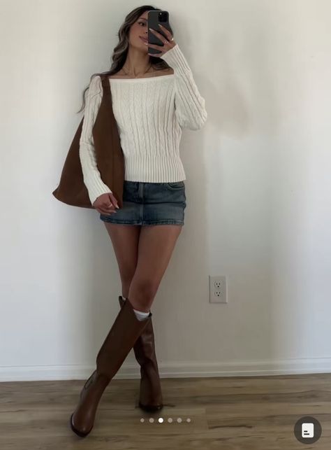 Winter Sweater And Skirt Outfit, Fall Outfit Mini Skirt, Sweater Skirt And Boots Outfit, Boots Fall 2024 Outfit, Fall Mini Skirt Outfits With Boots, Fall Frye Boots Outfits, Denim Skirt Mini Outfit, Outfits With Frye Boots, Demin Mini Skirt Outfits