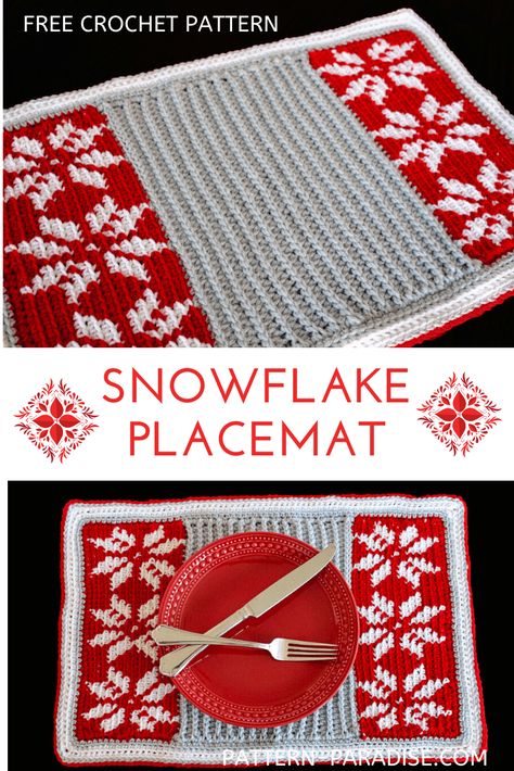 2019 Christmas Blog Hop - Snowflake Placemat | Pattern Paradise #patternparadisecrochet #12weekschristmascal  #crochet #placemat Christmas Table Runner Crochet, Crochet Seasonal, Snowflake Placemat, Crochet Colorwork, Placemat Crochet, Crochet Cals, Crochet Bedsheets, Xmas Crochet, Crochet Headwear