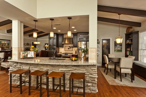 Dramatic Kitchen Modification!  I think this would work in my house, just flip-flop the pic....love it! Traditional Great Room, Rustic Counter, Sink Kitchen, Granite Countertop, Diy Countertops, Concrete Countertops, Undermount Sink, Counter Tops, Great Room