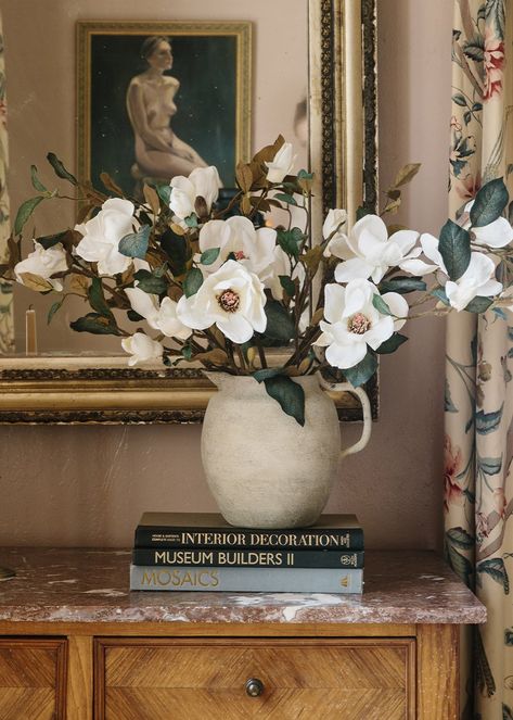 Artificial Magnolia Branch | Classic White Wedding Flowers | Afloral — Afloral.com Dining Room Flower Arrangements, Magnolia Stems In Vase, Bedroom Floral Arrangements, Hobby Lobby Floral Arrangements, Magnolia Floral Arrangements, Magnolia Flower Aesthetic, Magnolia Decorations, Magnolia Flower Decor, Magnolia Decor Ideas