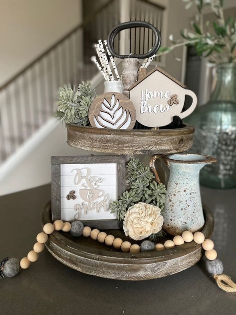 Tier Decorations, Tiered Tray Decor Coffee, Kitchen Tray Decor, Tiered Table, Farmhouse Tiered Tray Decor, Tiered Tray Signs, Tray Signs, Farmhouse Coffee Bar, Farmhouse Tiered Tray