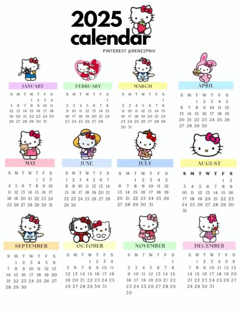 Updated 2025 Sanrio Hello Kitty Calendar Hello Kitty 2025 Calendar, Kalender Aesthetic, Hello Kitty Planner, Hello Kitty Calendar, Vowel Chart, Anna Clara, Aesthetic Sanrio, Pelo Cafe, Diy Hello Kitty